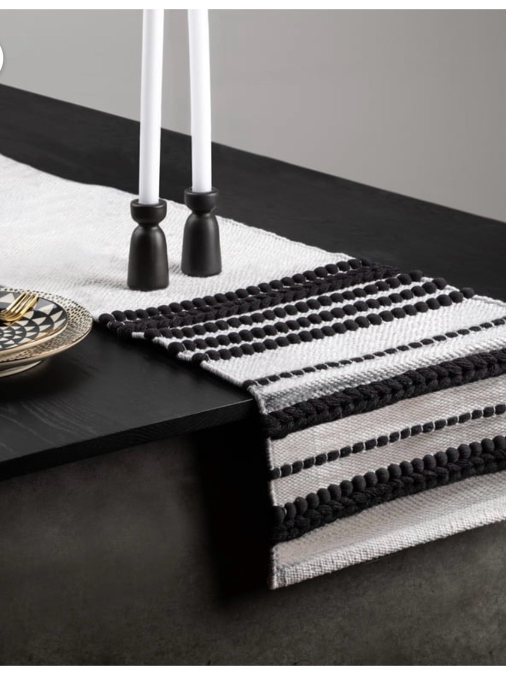 Able Black and White Pom-Trim Table Runner